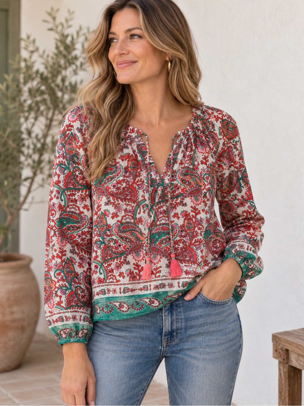 Boden Boho Floral Peasant Blouse in Red and Green Size 2 Cotton